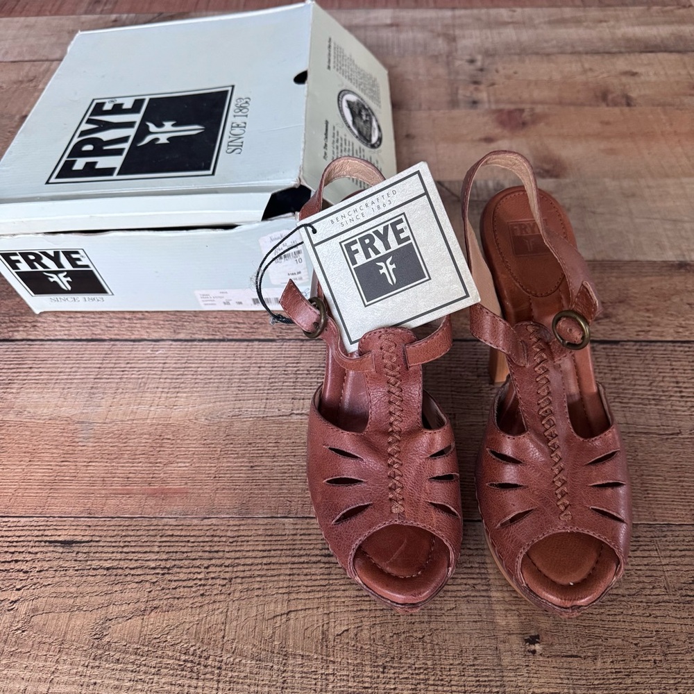 FRYE FRAN X STITCH Leather Whipstich Wood Platform Sandals Size 10 NEW in BOX